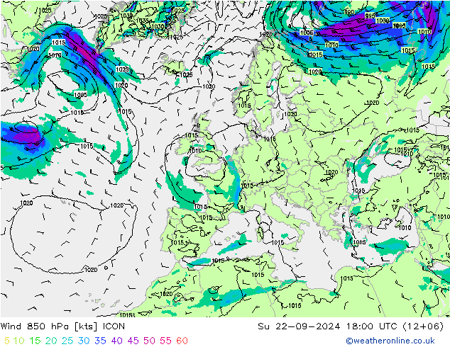 Rüzgar 850 hPa ICON Paz 22.09.2024 18 UTC