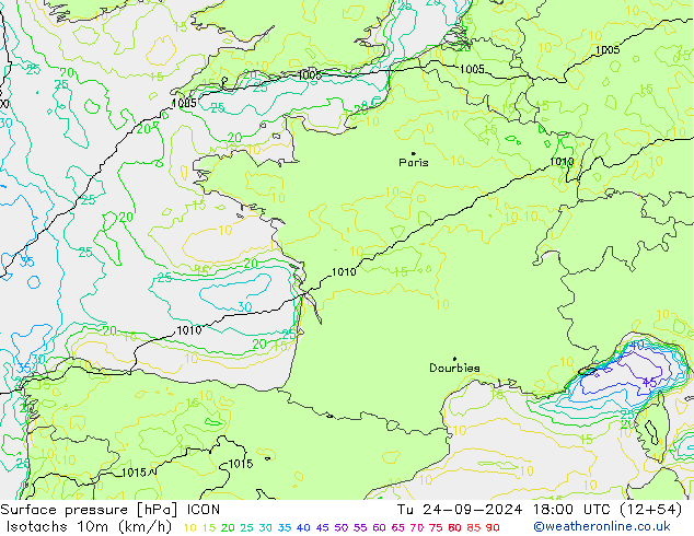 Isotachs (kph) ICON Tu 24.09.2024 18 UTC