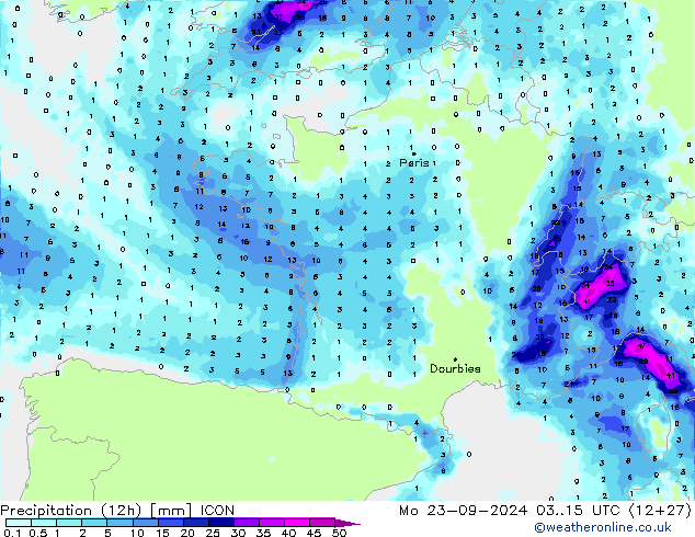 Precipitazione (12h) ICON lun 23.09.2024 15 UTC