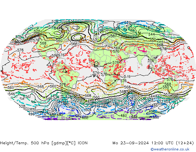 Yükseklik/Sıc. 500 hPa ICON Pzt 23.09.2024 12 UTC