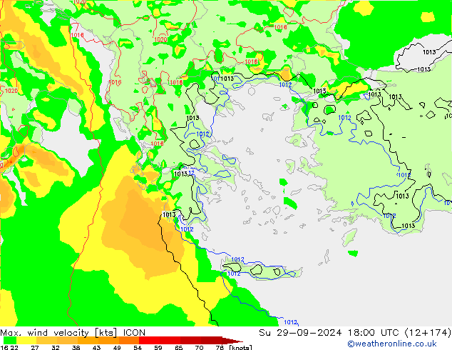 Max. wind snelheid ICON zo 29.09.2024 18 UTC