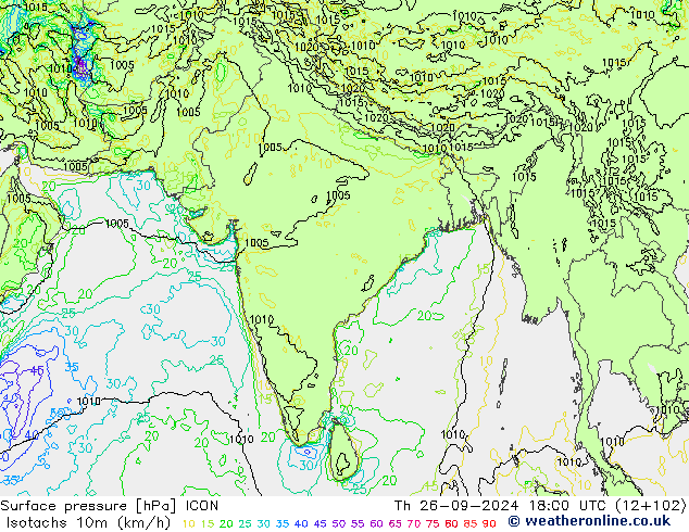 Isotachs (kph) ICON Th 26.09.2024 18 UTC