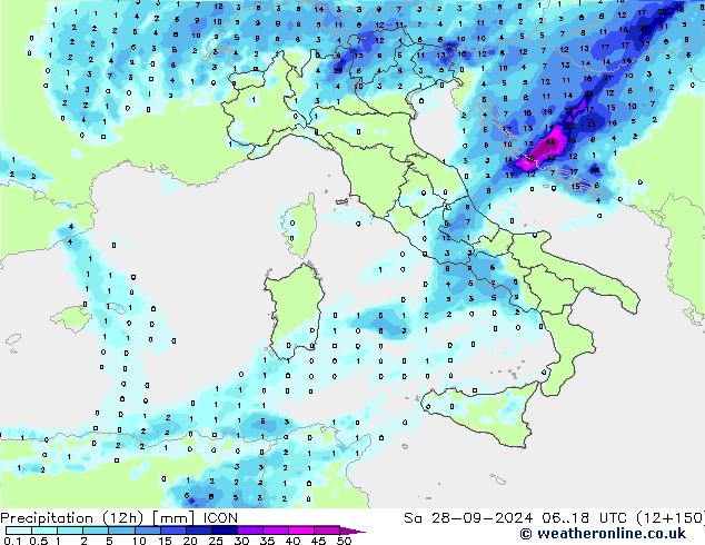 осадки (12h) ICON сб 28.09.2024 18 UTC