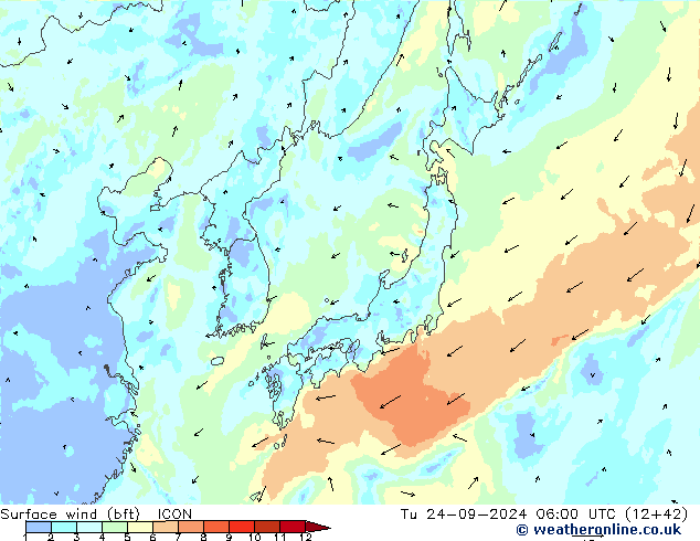 Vento 10 m (bft) ICON mar 24.09.2024 06 UTC