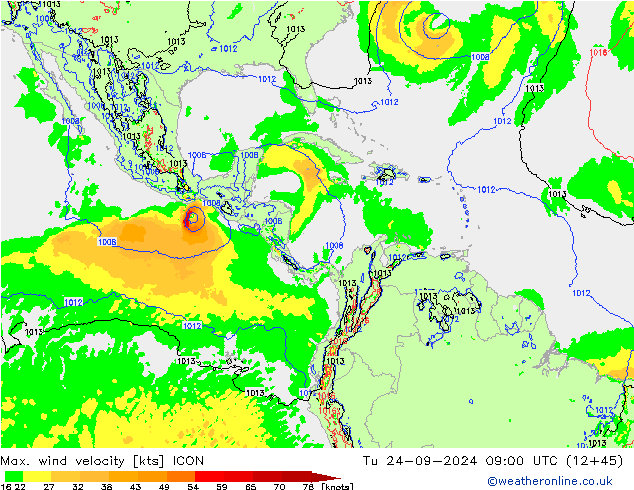 Max. wind snelheid ICON di 24.09.2024 09 UTC