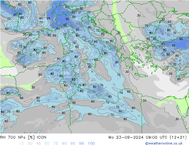 700 hPa Nispi Nem ICON Pzt 23.09.2024 09 UTC