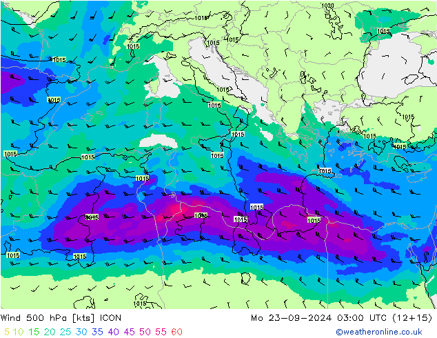 ветер 500 гПа ICON пн 23.09.2024 03 UTC