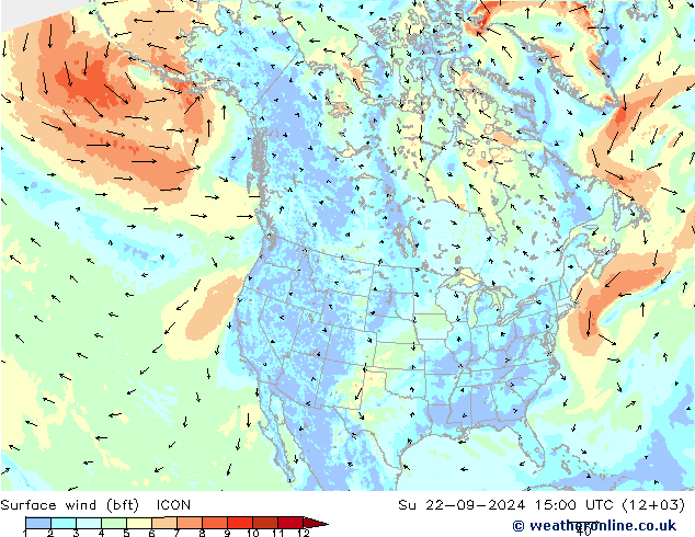 Wind 10 m (bft) ICON zo 22.09.2024 15 UTC