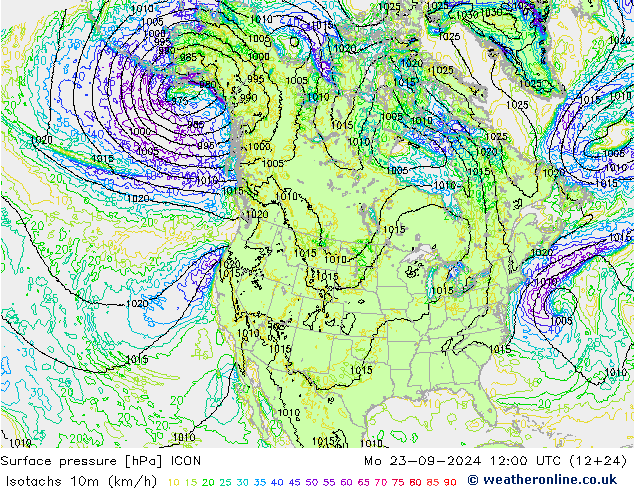 Isotachs (kph) ICON Mo 23.09.2024 12 UTC