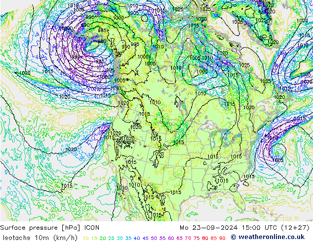 Isotachen (km/h) ICON ma 23.09.2024 15 UTC