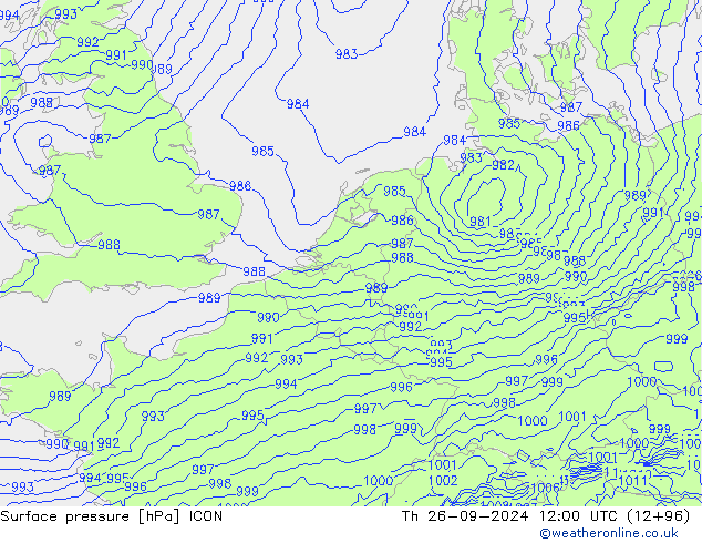 Surface pressure ICON Th 26.09.2024 12 UTC