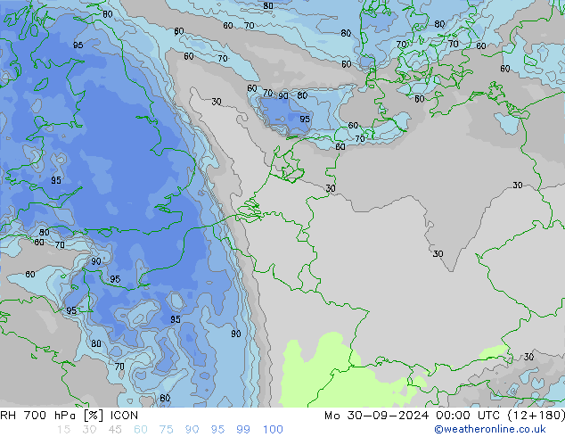 RH 700 hPa ICON pon. 30.09.2024 00 UTC