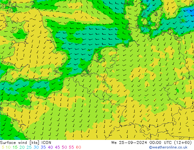 Viento 10 m ICON mié 25.09.2024 00 UTC