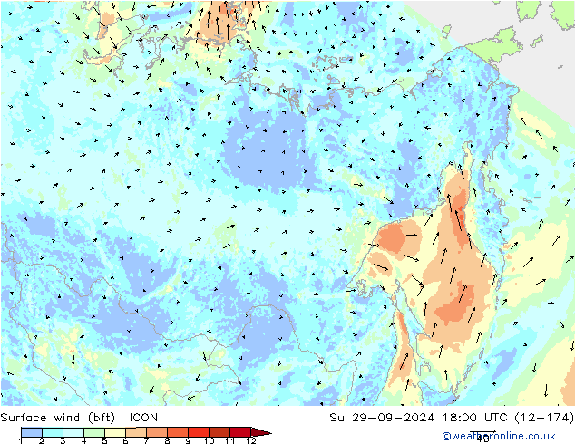 Rüzgar 10 m (bft) ICON Paz 29.09.2024 18 UTC