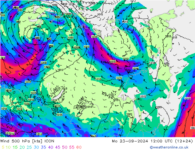 Rüzgar 500 hPa ICON Pzt 23.09.2024 12 UTC