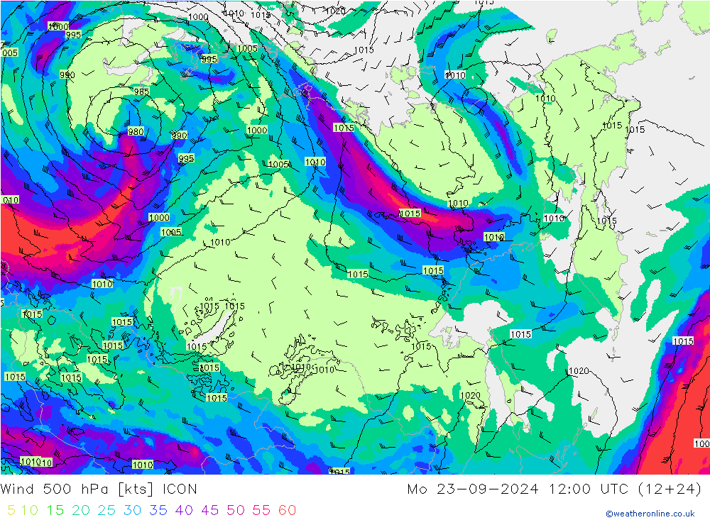 Vent 500 hPa ICON lun 23.09.2024 12 UTC