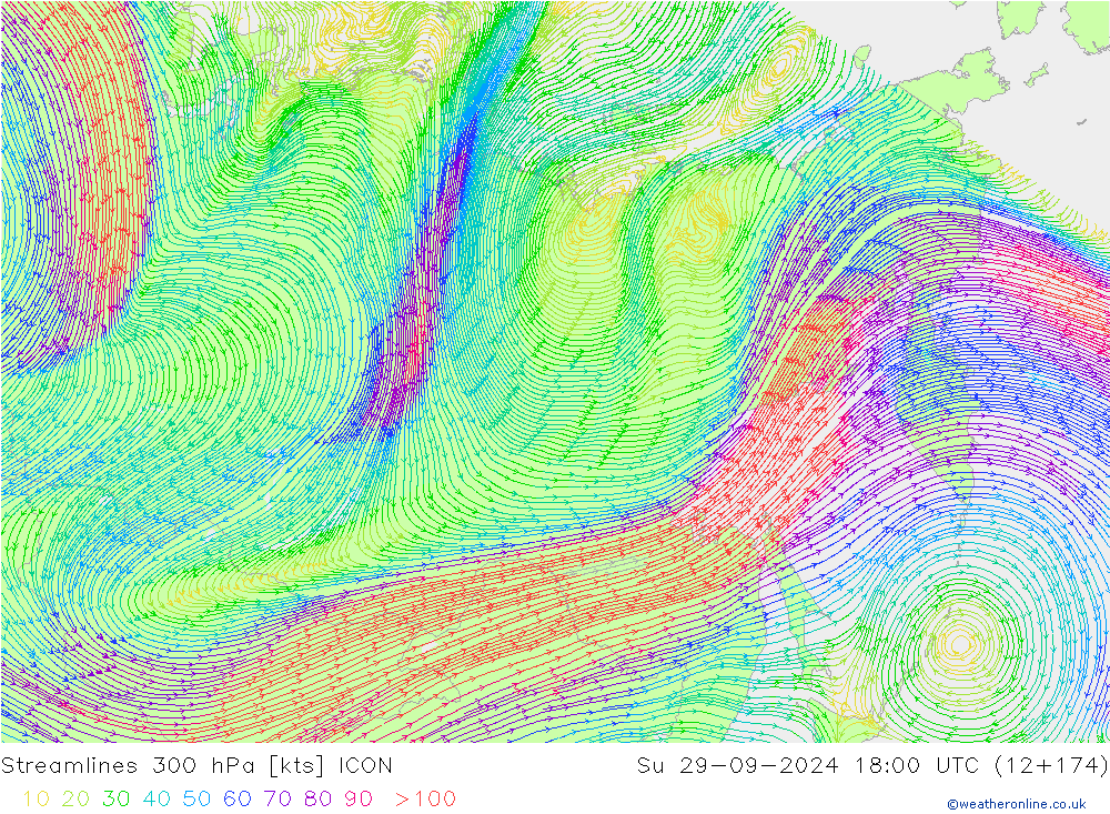 Stroomlijn 300 hPa ICON zo 29.09.2024 18 UTC