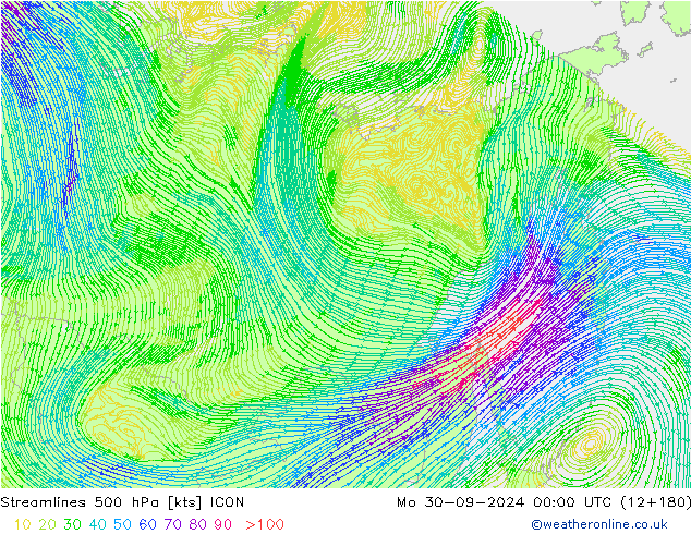 Ligne de courant 500 hPa ICON lun 30.09.2024 00 UTC