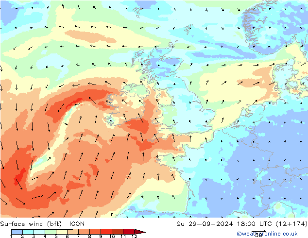 Surface wind (bft) ICON Su 29.09.2024 18 UTC