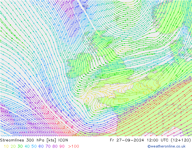 Streamlines 300 hPa ICON Pá 27.09.2024 12 UTC