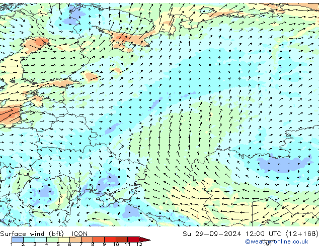 Bodenwind (bft) ICON So 29.09.2024 12 UTC