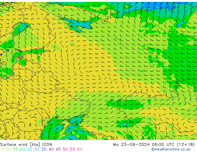 Vento 10 m ICON lun 23.09.2024 06 UTC