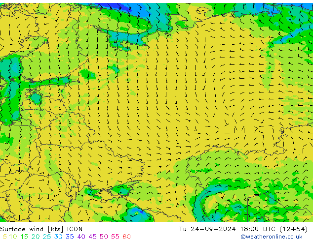 Surface wind ICON Tu 24.09.2024 18 UTC