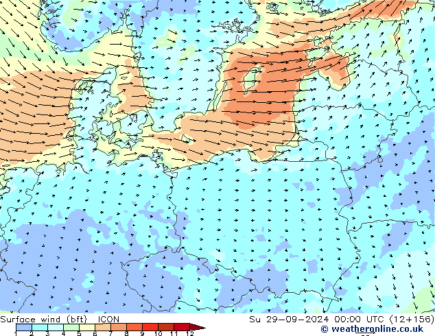 Surface wind (bft) ICON Su 29.09.2024 00 UTC