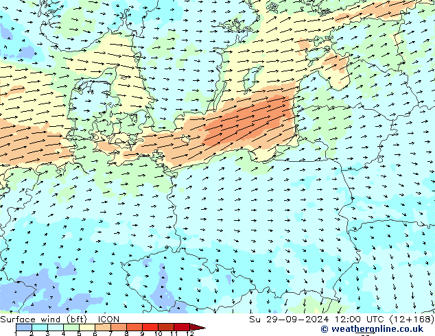 Wind 10 m (bft) ICON zo 29.09.2024 12 UTC