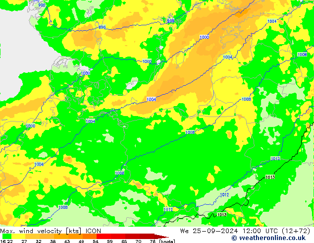 Max. wind velocity ICON Qua 25.09.2024 12 UTC