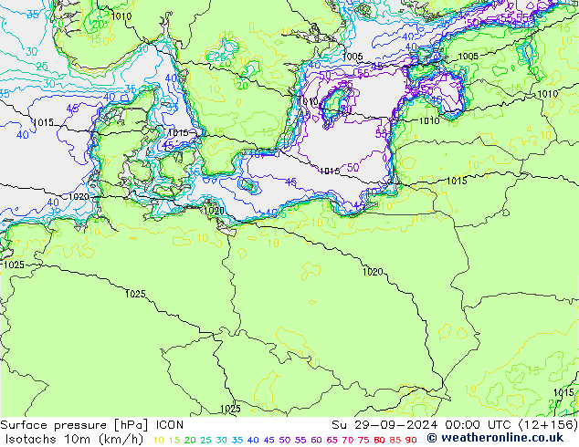 Isotachs (kph) ICON Su 29.09.2024 00 UTC