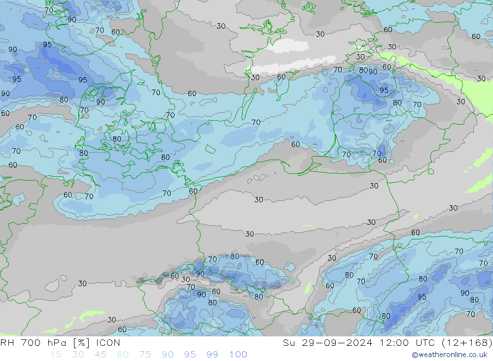 Humedad rel. 700hPa ICON dom 29.09.2024 12 UTC