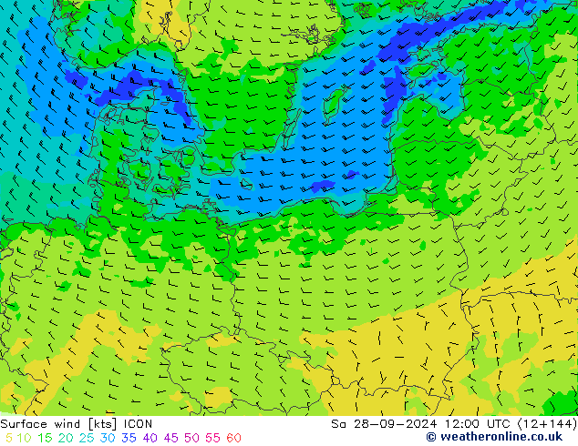 Vento 10 m ICON Sáb 28.09.2024 12 UTC