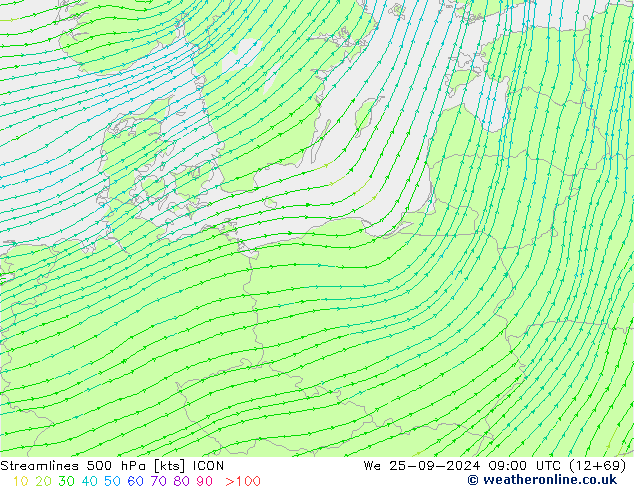 Streamlines 500 hPa ICON We 25.09.2024 09 UTC