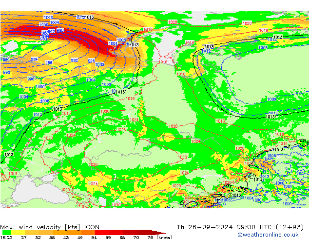 Max. wind velocity ICON jeu 26.09.2024 09 UTC