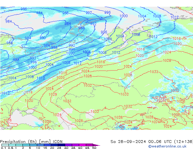 Precipitação (6h) ICON Sáb 28.09.2024 06 UTC