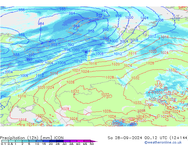 Totale neerslag (12h) ICON za 28.09.2024 12 UTC