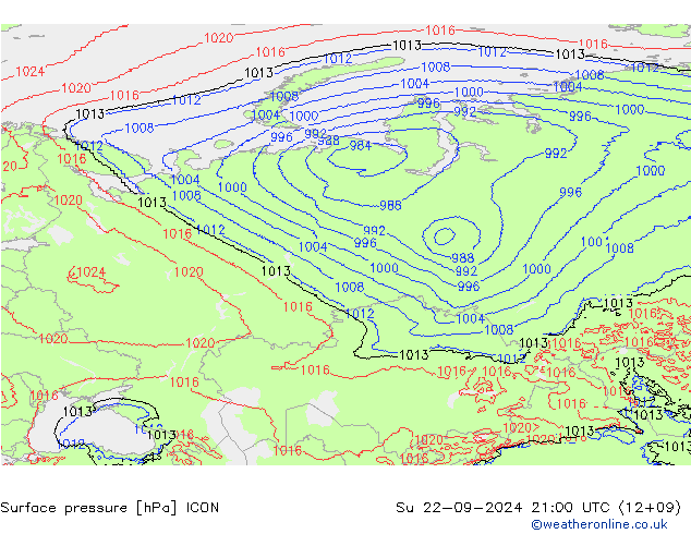 Luchtdruk (Grond) ICON zo 22.09.2024 21 UTC