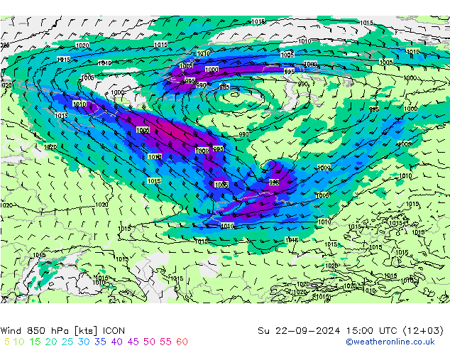 Viento 850 hPa ICON dom 22.09.2024 15 UTC