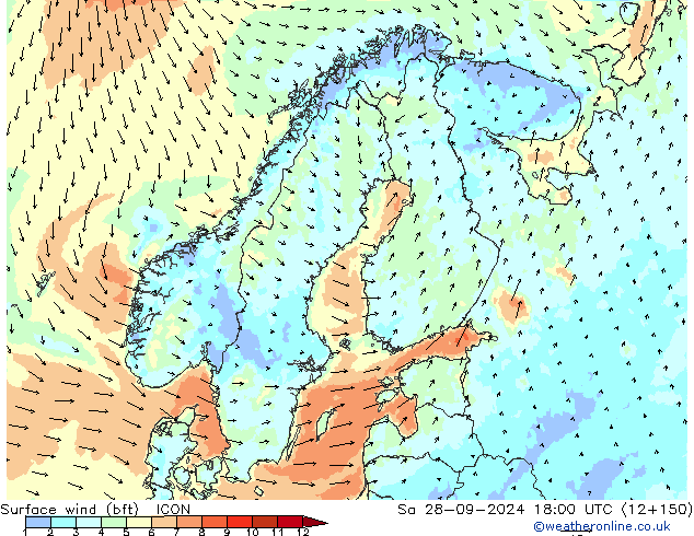 Surface wind (bft) ICON Sa 28.09.2024 18 UTC