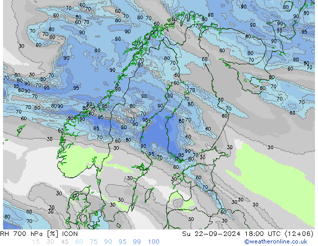 RH 700 hPa ICON 星期日 22.09.2024 18 UTC