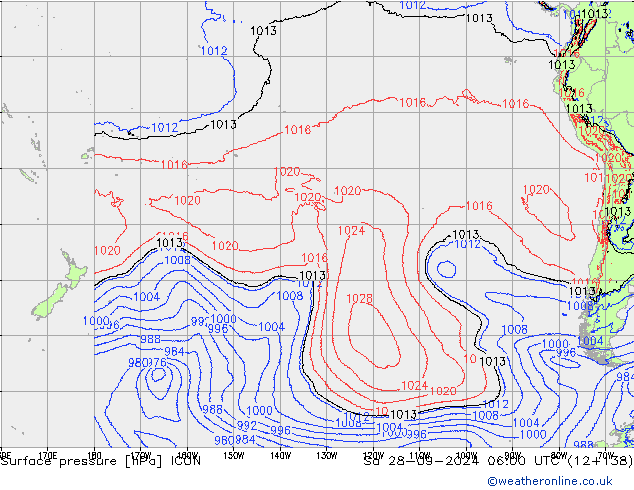 Presión superficial ICON sáb 28.09.2024 06 UTC