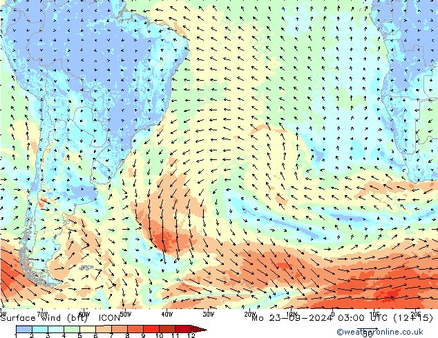 wiatr 10 m (bft) ICON pon. 23.09.2024 03 UTC