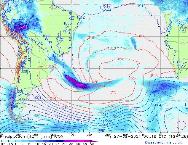 Precipitation (12h) ICON Pá 27.09.2024 18 UTC