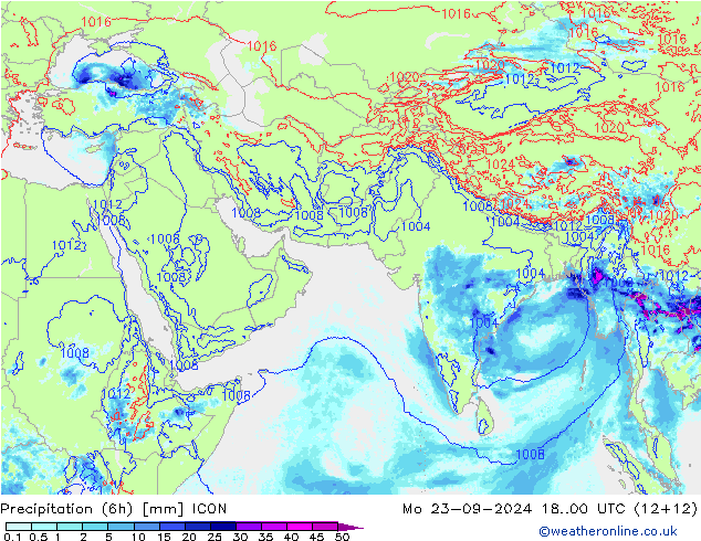 Precipitation (6h) ICON Mo 23.09.2024 00 UTC