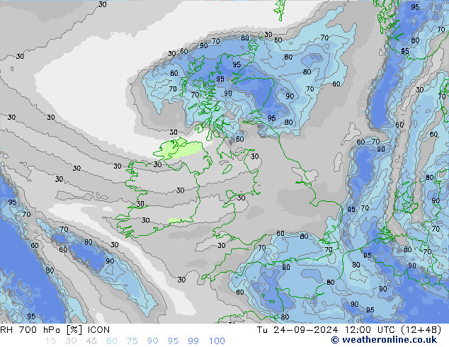 RH 700 hPa ICON Tu 24.09.2024 12 UTC