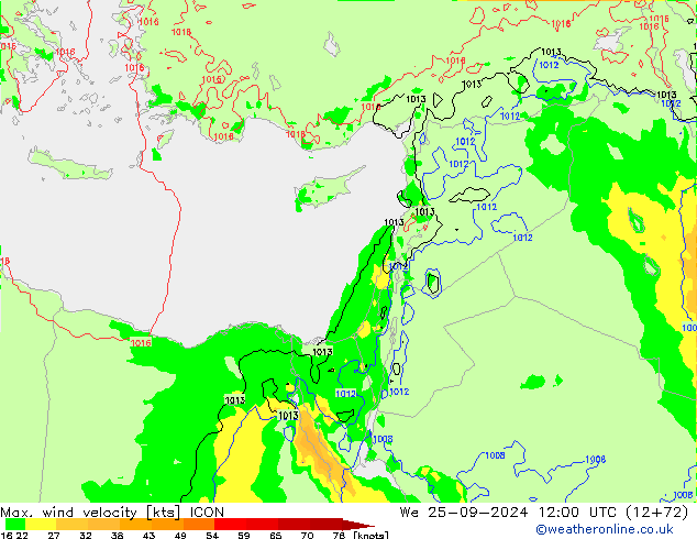 Max. wind velocity ICON We 25.09.2024 12 UTC