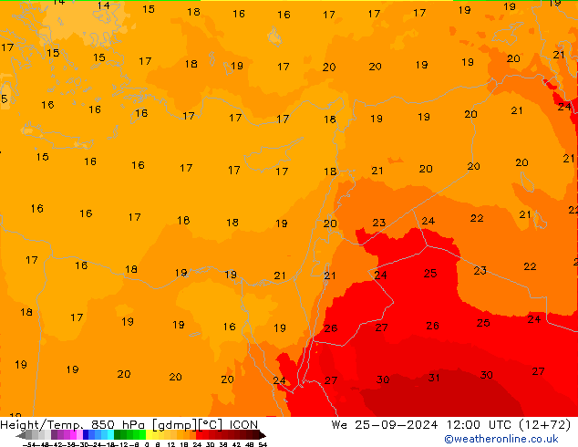 Geop./Temp. 850 hPa ICON mié 25.09.2024 12 UTC