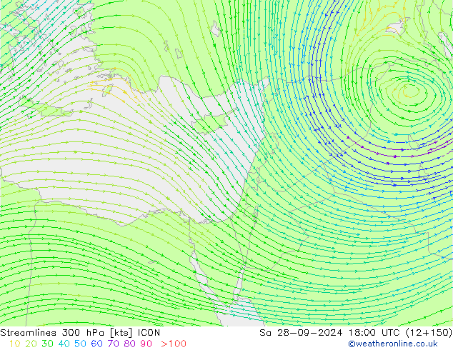 Streamlines 300 hPa ICON So 28.09.2024 18 UTC