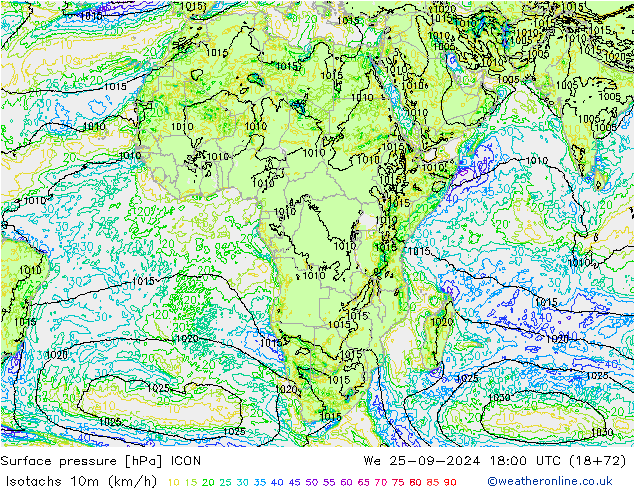 Izotacha (km/godz) ICON śro. 25.09.2024 18 UTC